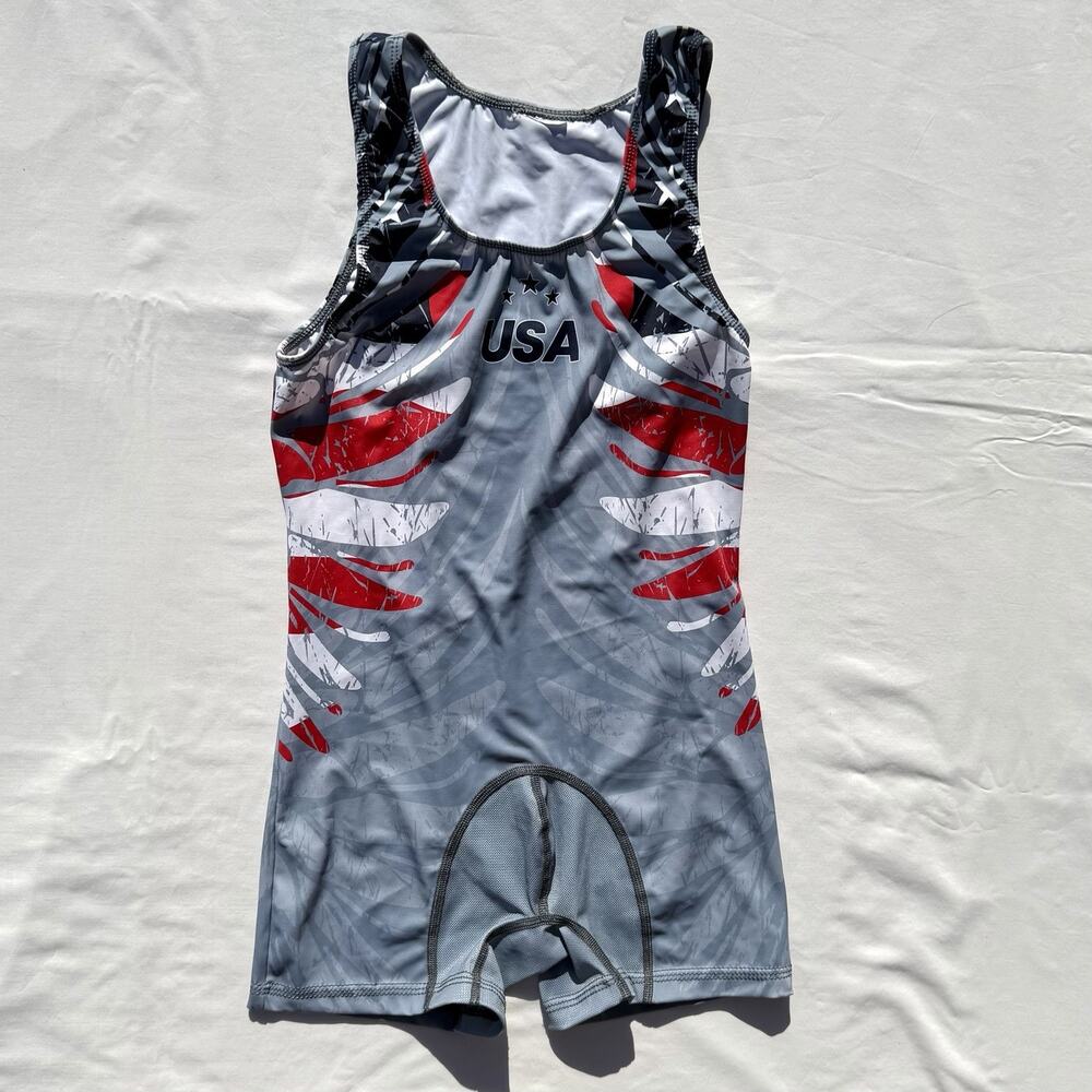 GK Men’s Wrestling Gymnastics Singlet One Piece USA Gray Red Blue Small